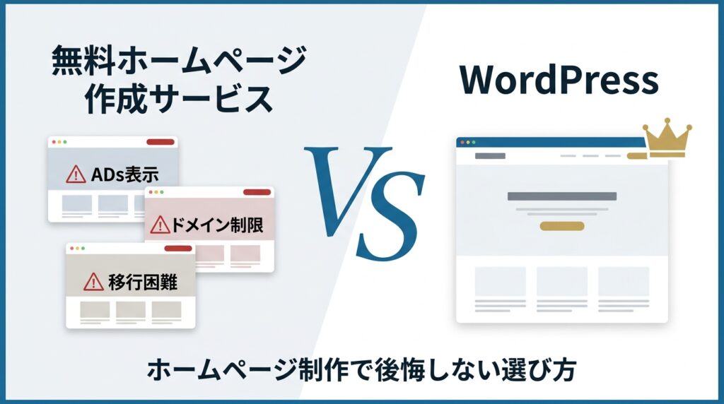 無料ホームページ作成サービスとWordPressをVS比較するアイキャッチ画像